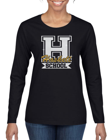 HASKELL School Heavy Cotton Black Long Sleeve Tee w/ HASKELL School "H" Logo on Front.