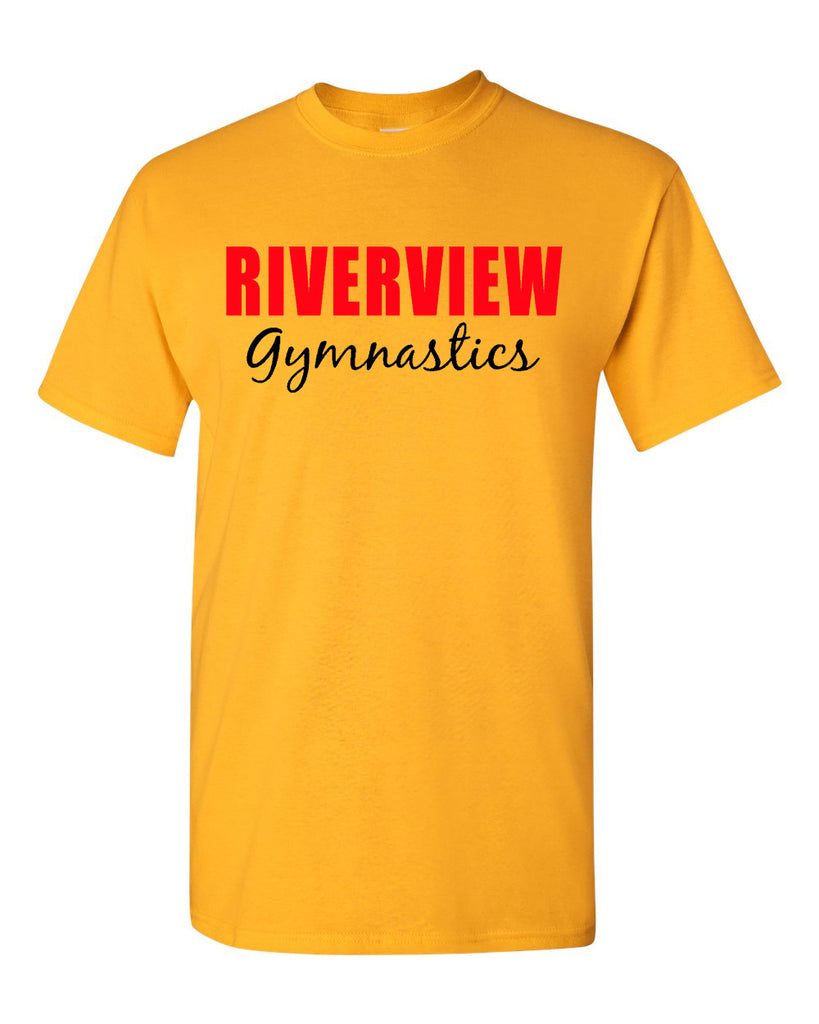 riverview gymnastics short sleeve t-shirt w/ 2 color design on front.