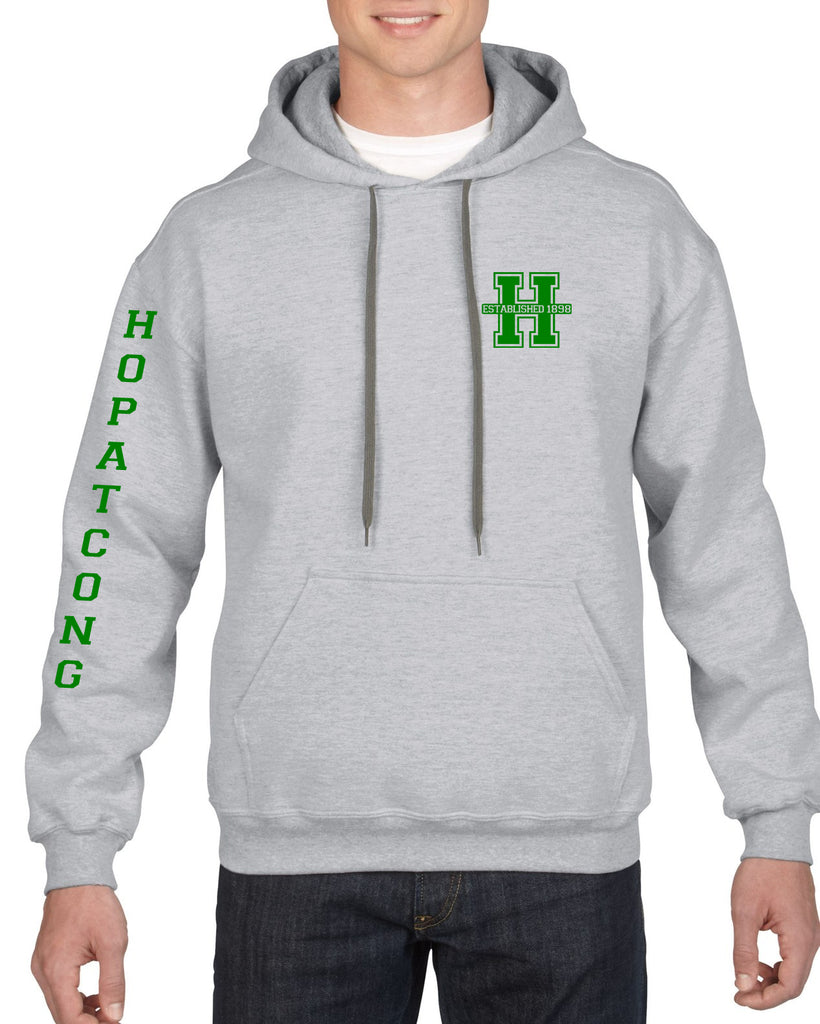 hopatcong hooded sweatshirt w/ small chest logo & hopatcong down sleeve graphic transfer design sweatshirt