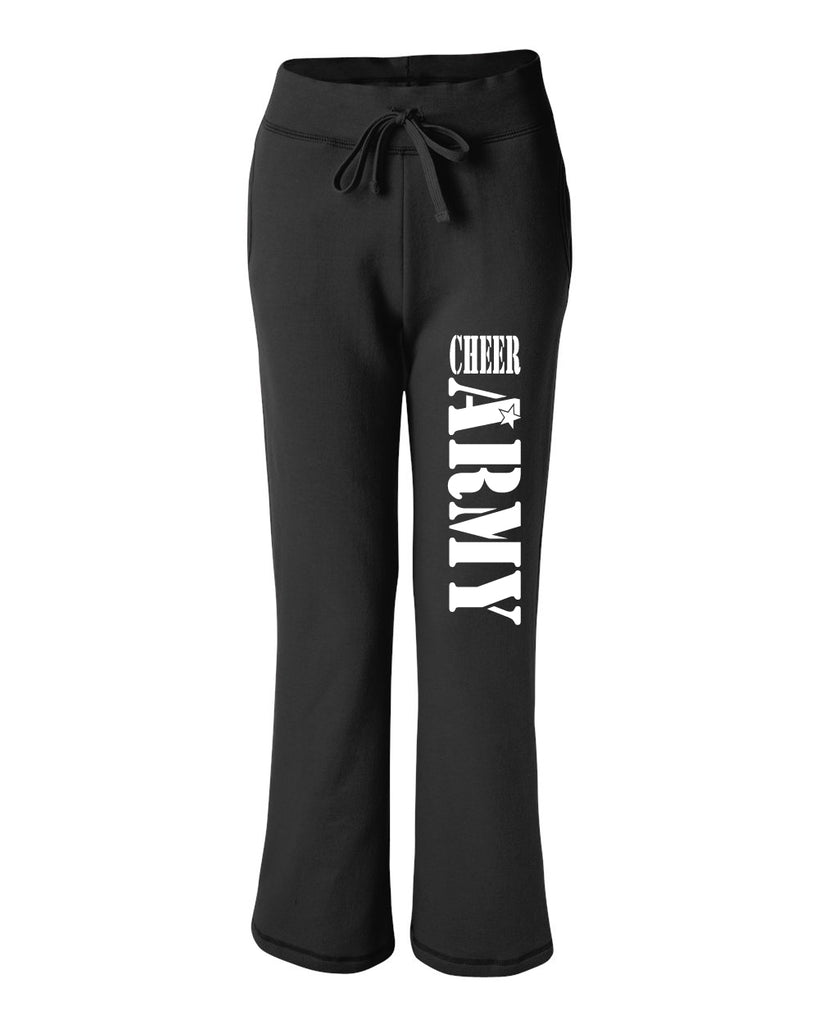 cheer army black open bottom sweat pants w/ stencil design v2 in white down left leg.