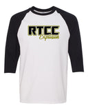 rtcc three-quarter raglan sleeve baseball t-shirt w/ 2 color logo on front.