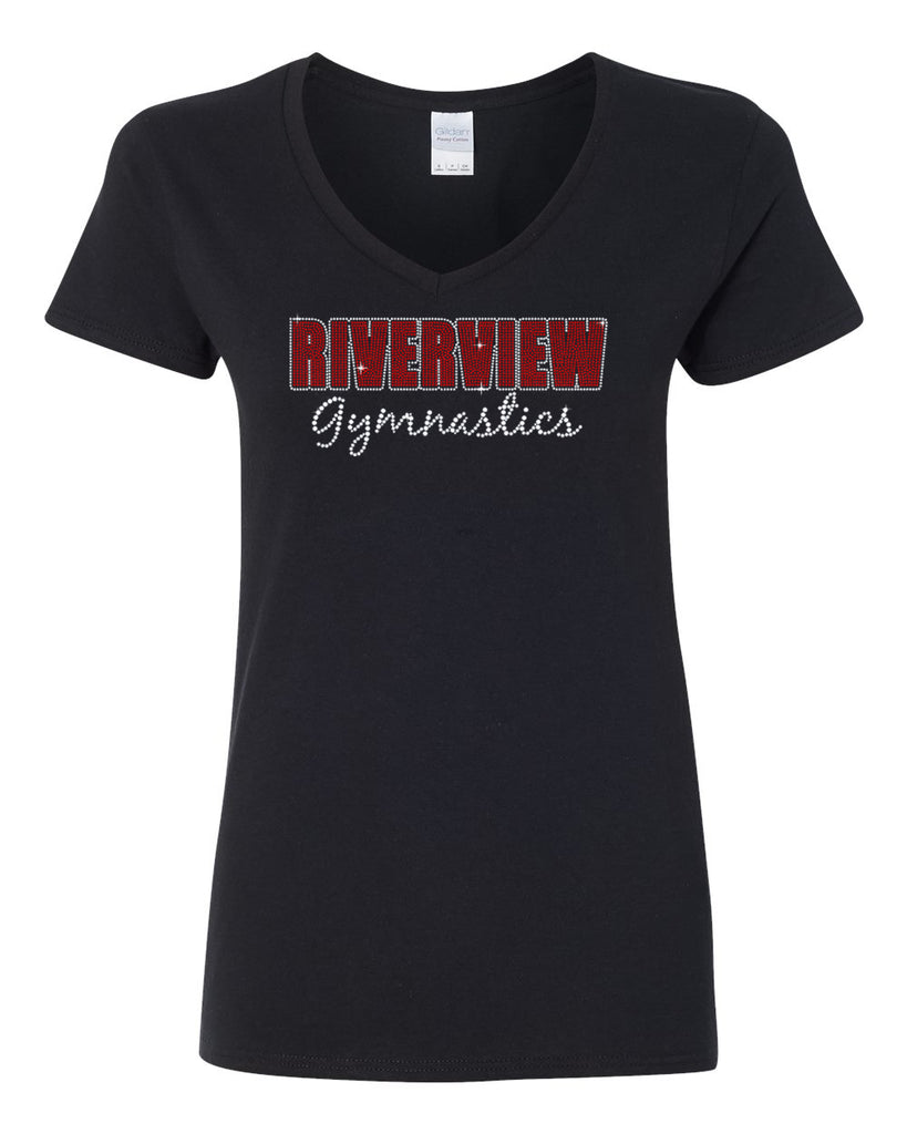 riverview gymnastics heavy cotton women's v-neck t-shirt w/ 2 color spangle design on front.