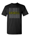 haskell school heavy cotton black short sleeve tee w/ haskell split design on front.