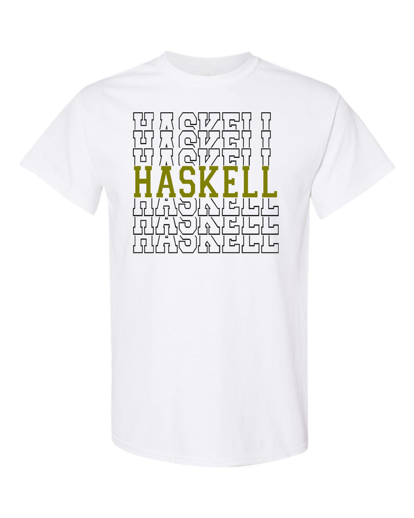 haskell school heavy cotton white short sleeve tee w/ haskell split design on front.