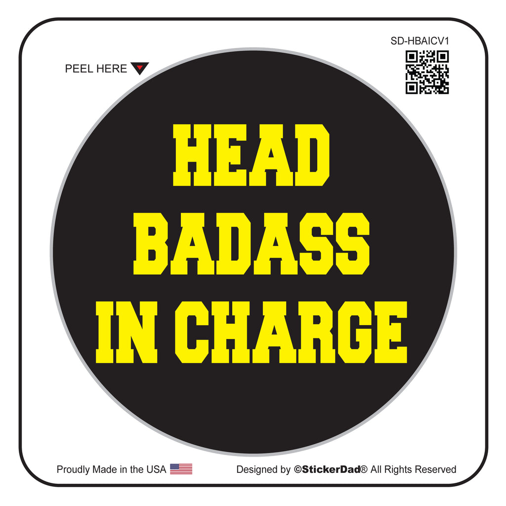 head badass in charge v1 black/yellow 2" round hard hat-helmet full color printed decal
