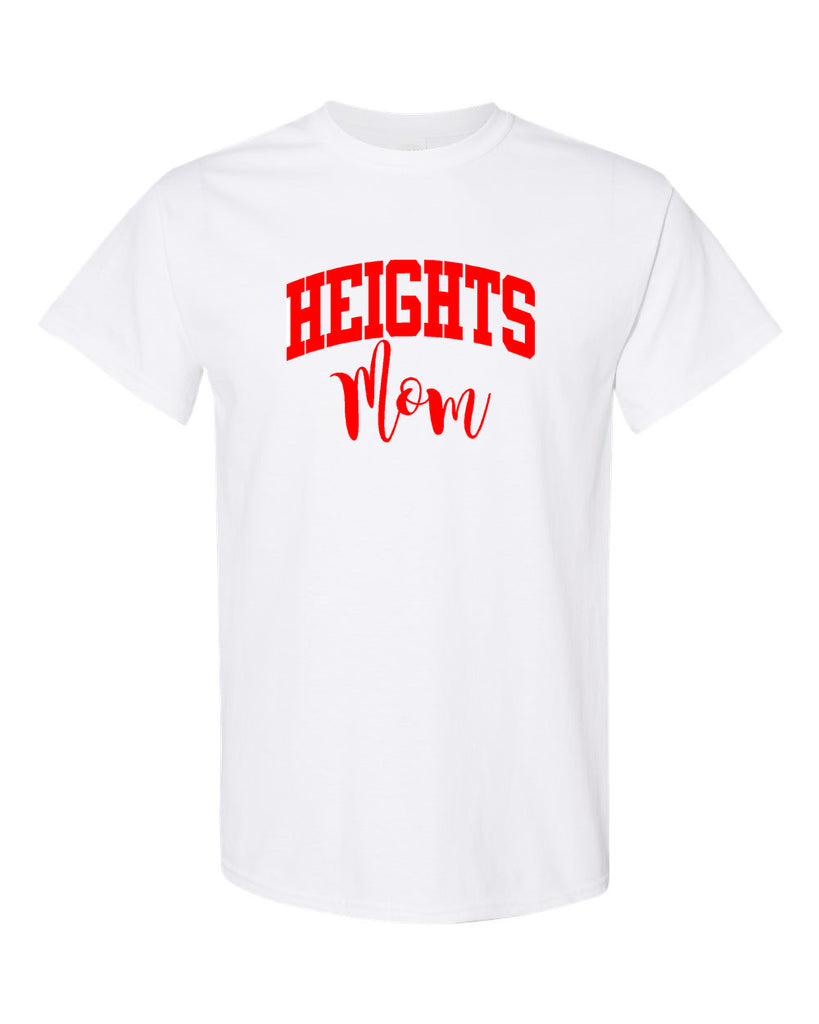 heights white short sleeve tee w/ heights mom design in red on front.