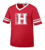 heights red stripe jersey short sleeve tee w/ heights og design on front.