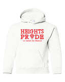 heights white hoodie w/ heights pride design in red on front.