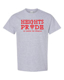 heights sport gray short sleeve tee w/ heights pride design in red on front.