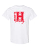 heights white short sleeve tee w/ heights strong design in red on front.