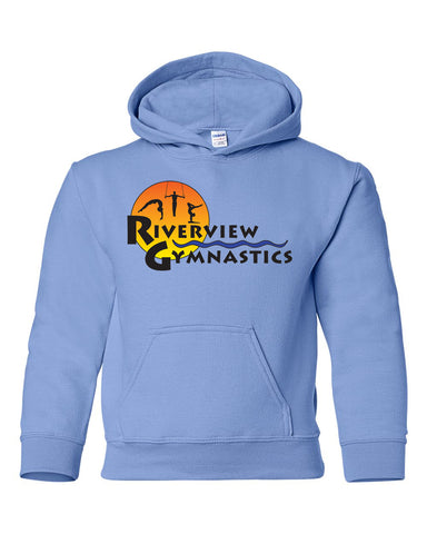 Riverview Gymnastics Light Pink Hoodie w/ Full Color Sun Design on Front.
