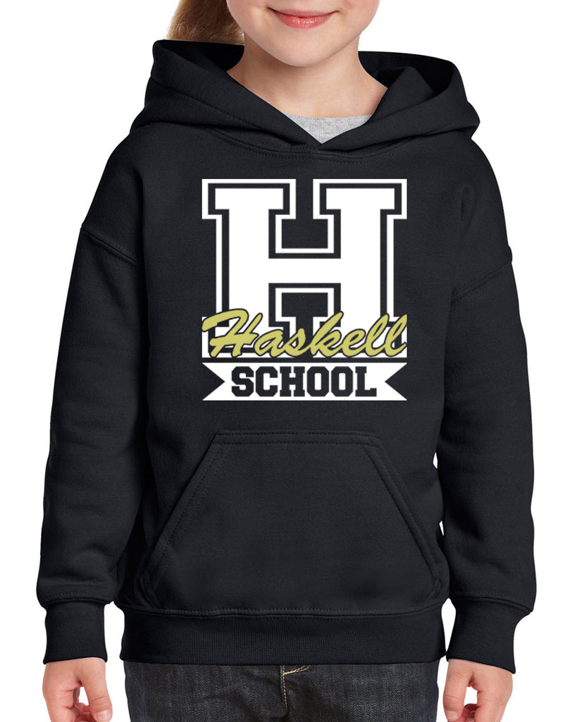 haskell school black heavy blend hoodie w/ haskell school "h" logo on front.