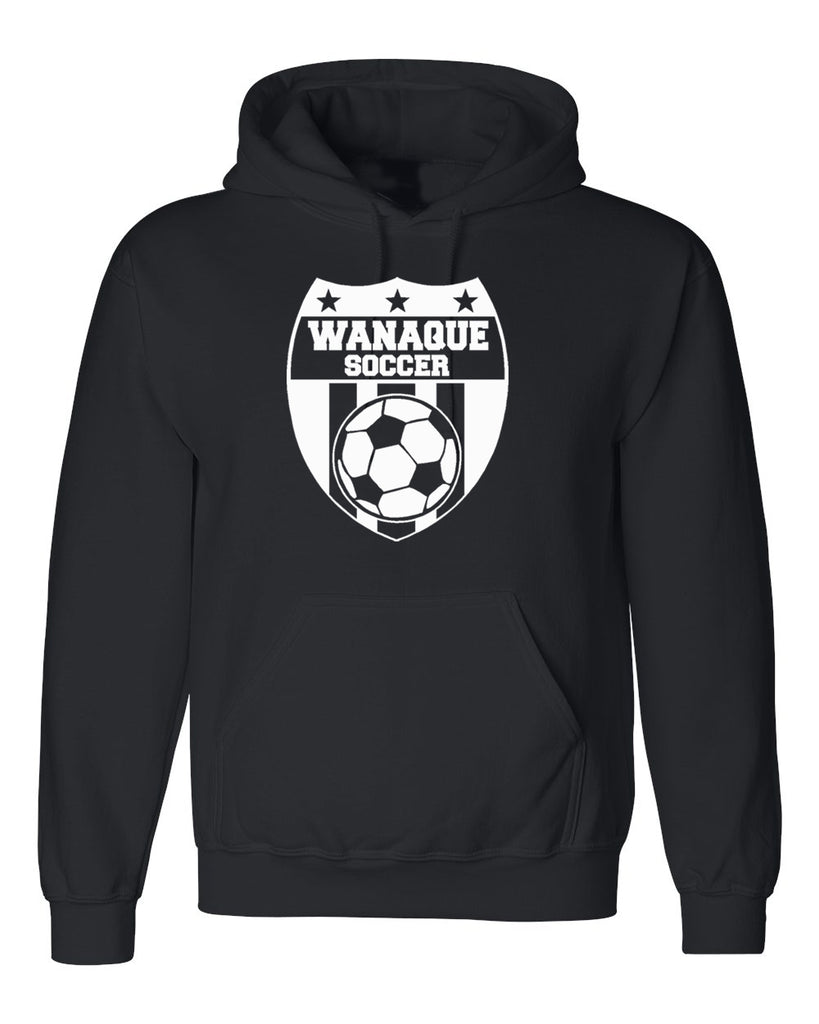 wanaque soccer black dry blend hoodie with large wanaque soccer logo on front.
