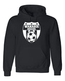 wanaque soccer black dry blend hoodie with large wanaque soccer logo on front.