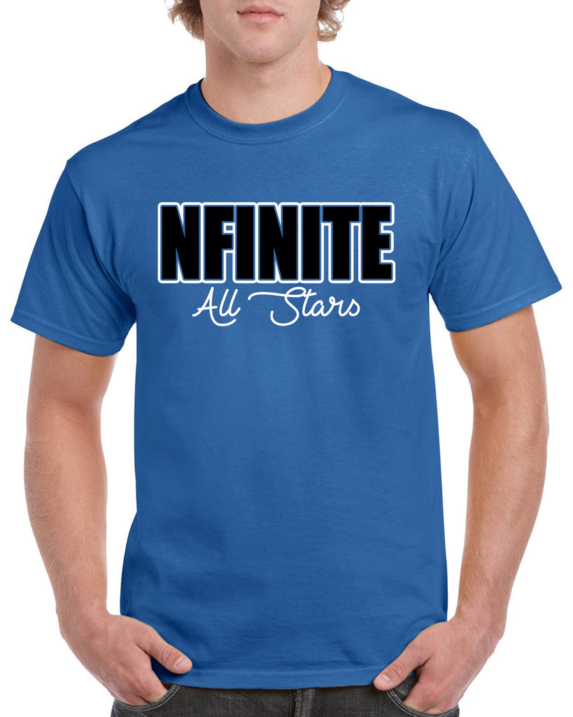 nfinite royal blue short sleeve tee w/ nfinite impact 2 color logo on front.