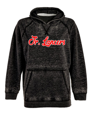 Jr Lancers Competition Cheer Black Sports Bra w/ 2 Color Spangle Logo on Front.