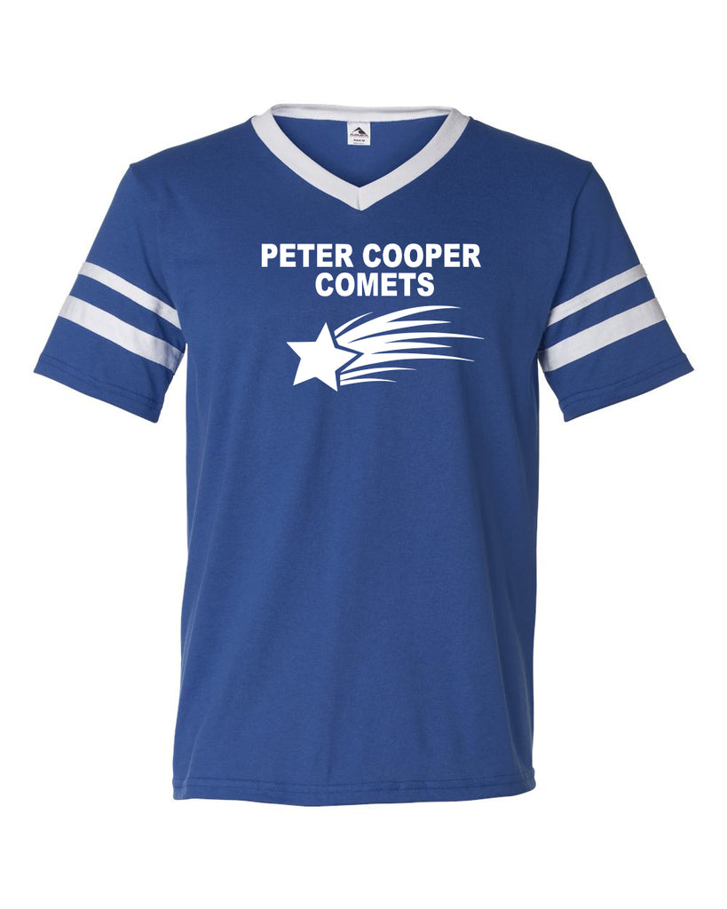 peter cooper royal as - v-neck jersey with striped sleeves - 360 - w/ logo design 1 on front.