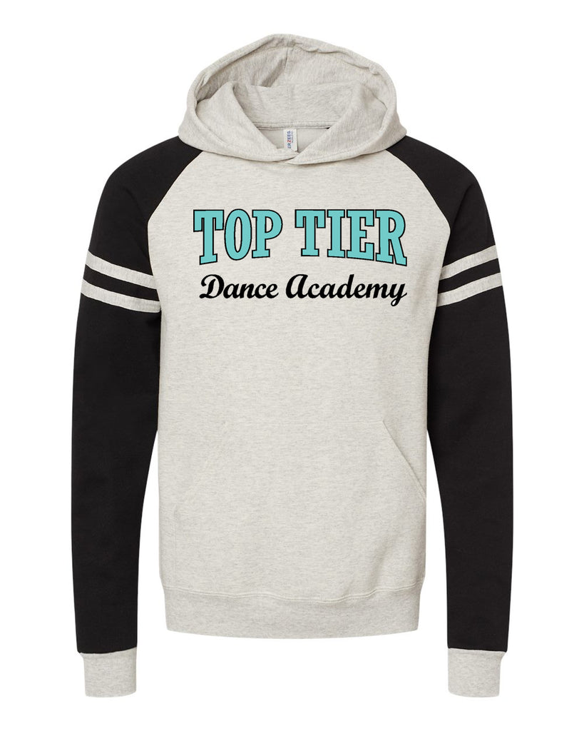 top tier dance oatmeal heather-black jerzees - nublend® varsity colorblocked raglan hooded sweatshirt - 97cr w/ top tier dance academy logo on front