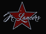 jr lancers competition cheer black sports bra w/ 2 color spangle logo on front.