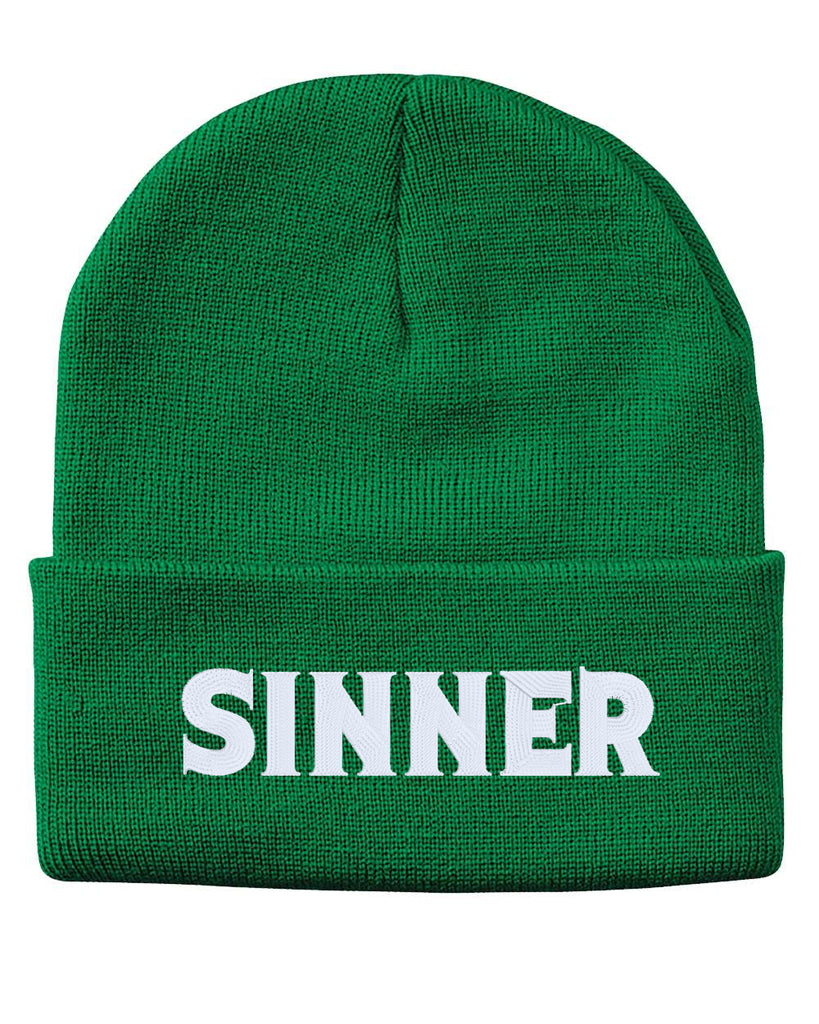 sinner embroidered cuffed beanie hat
