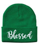 blessed script embroidered cuffed beanie hat