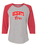 heights lat - women's baseball fine jersey three-quarter sleeve tee - 3530 tee w/ heights mom in red on front.