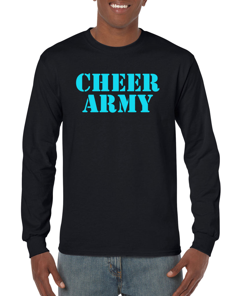 cheer army black long sleeve tee w/ columbia blue cheer army stencil logo on front.