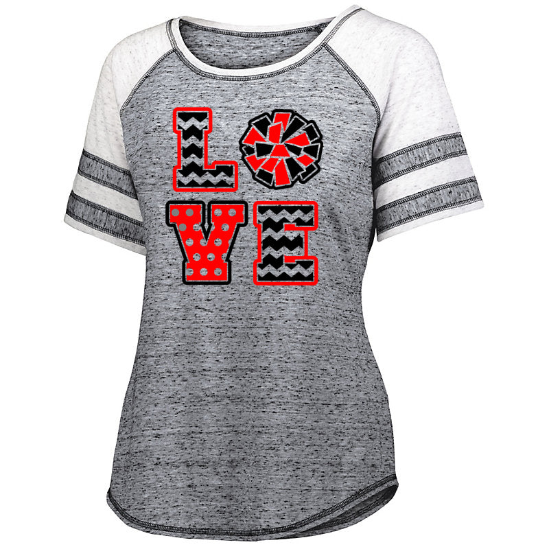 jr lancers competition cheer advocate striped sleeve shirt w/ 2 color love cheer design on front.