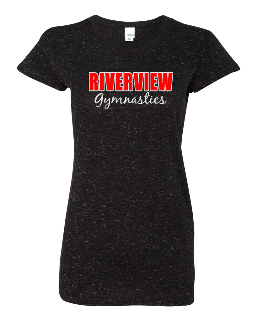 riverview gymnastics black glitter crew t-shirt w/ 2 color design on front.