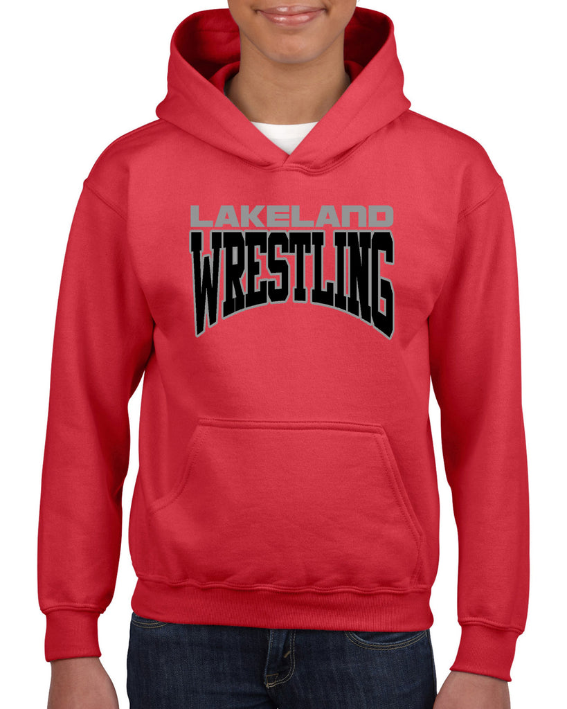 lakeland wrestling red heavy blend shirt w/ lakeland wrestling silver & black logo on front.