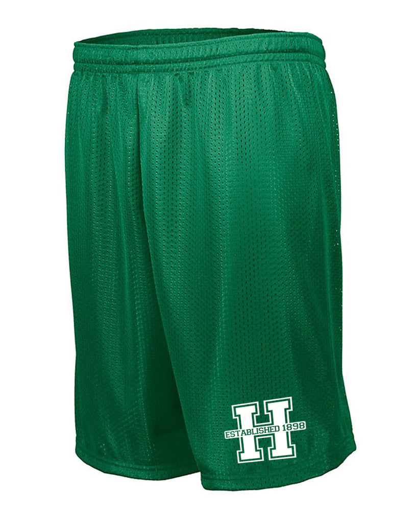 hopatcong green longer length tricot mesh shorts w/ hopatcong "h" logo design on left front.