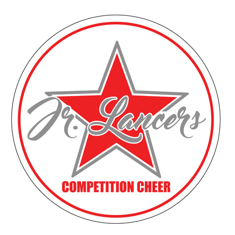 Jr Lancers Competition Cheer White Cotton Tee w/ Jr. Lancer OverUnder Design on Front.