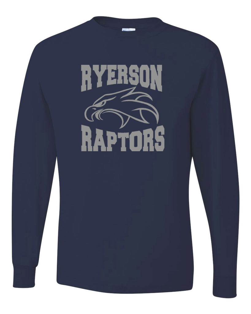 Ryerson School Navy Long Sleeve Tee w/ Logo Design 1 on Front