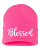 blessed script embroidered cuffed beanie hat