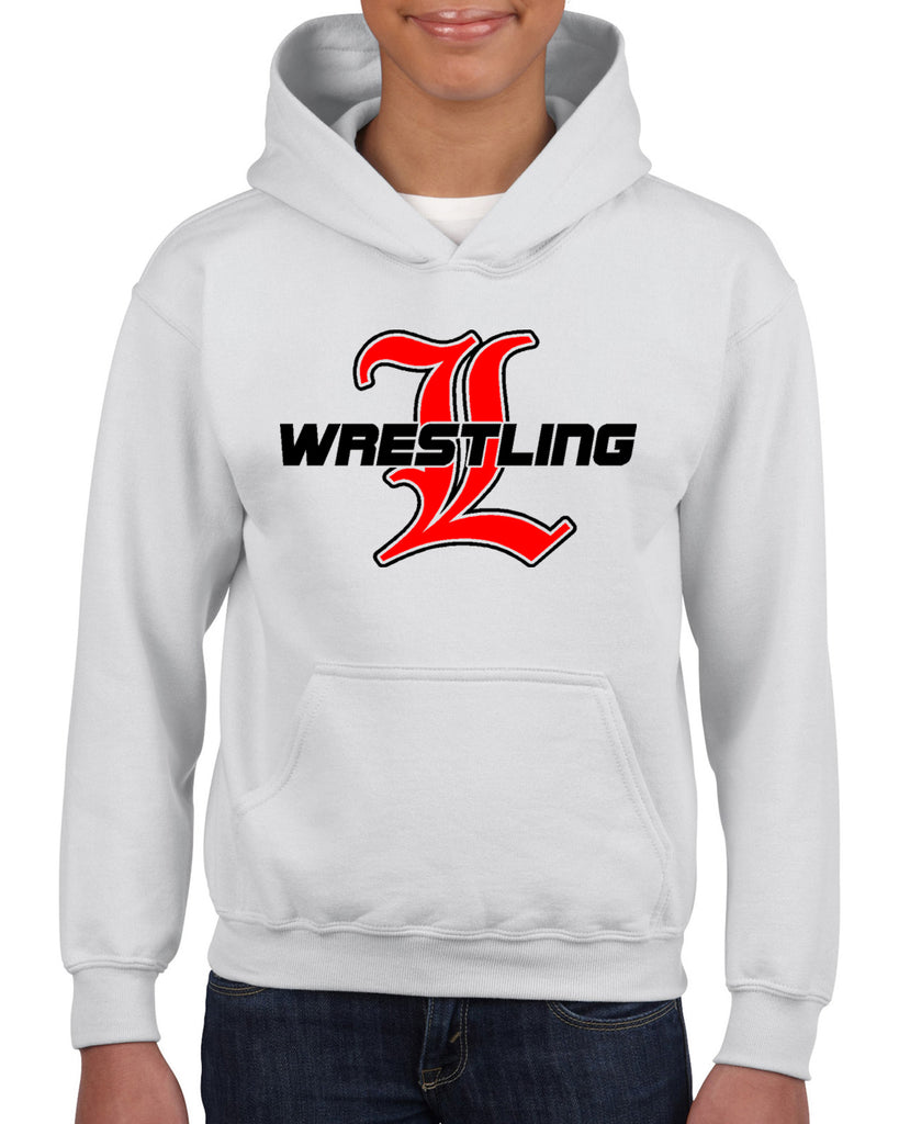 lakeland wrestling white heavy blend shirt w/ lakeland wrestling old english "l" logo on front.