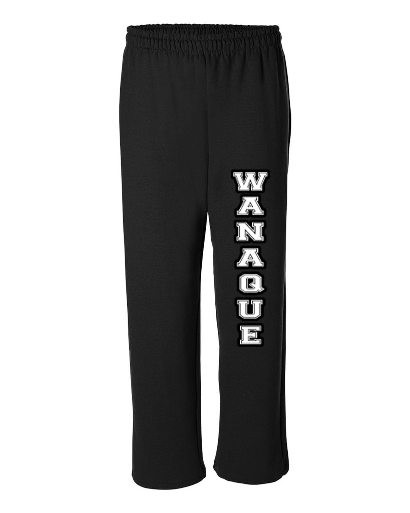 wanaque school open bottom sweat pants w/ wanaque school "text" logo down leg.