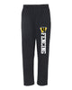 west milford fencing black open bottom sweat pants w/ wm fencing design down left leg.