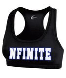nfinite oc chasse black raceback sports bra w/ nfinite logo on front.