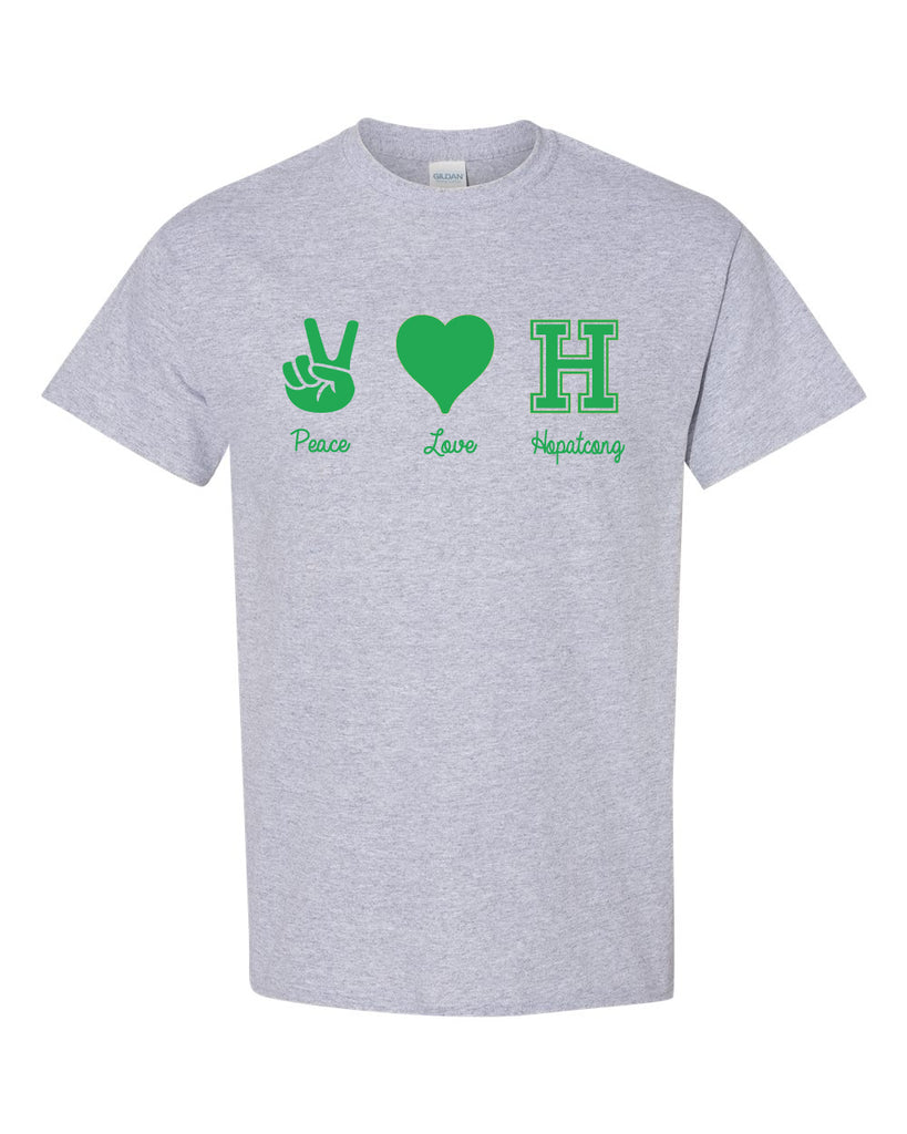 hopatcong short sleeve tee w/ peace love hopatcong design on front.
