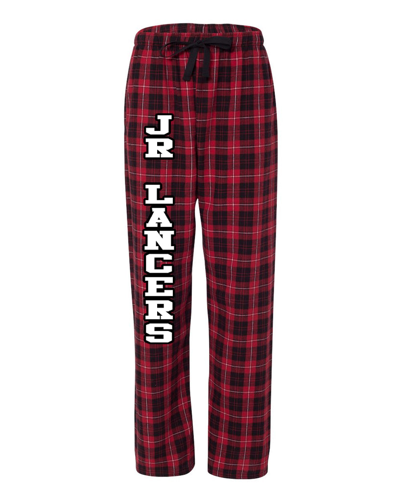 jr. lancers competition cheer pj style flannel pants w/ jr lancers logo down leg.