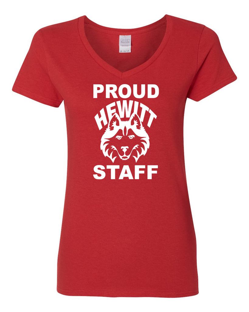 hewitt huskies red heavy cotton™ women’s v-neck t-shirt - 5v00l w/ proud staff on front