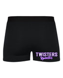 twisters gymnastics black pro-compression shorts - 2629 w/ purple & white print logo on front left leg.