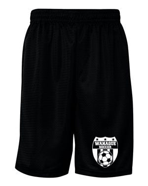 wanaque soccer pro mesh black training shorts with wanaque soccer logo on front of left leg