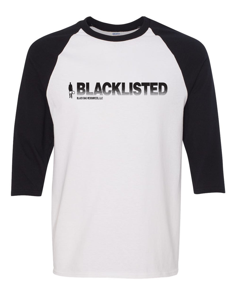 black bag resources three-quarter raglan sleeve baseball t-shirt w/ blacklisted design on front