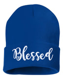 blessed script embroidered cuffed beanie hat
