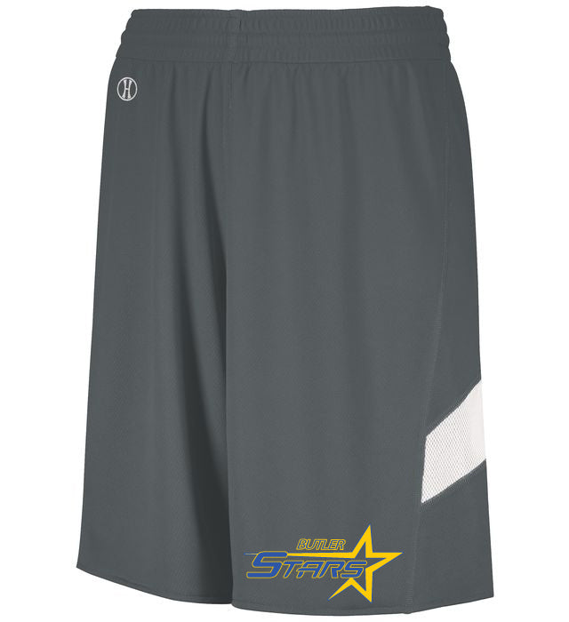 butler stars graphite dual-side single ply shorts  w/ design on left leg.