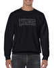 wmcc black crewneck sweatshirt w/ wmcc logo in 3 color spangle on front.