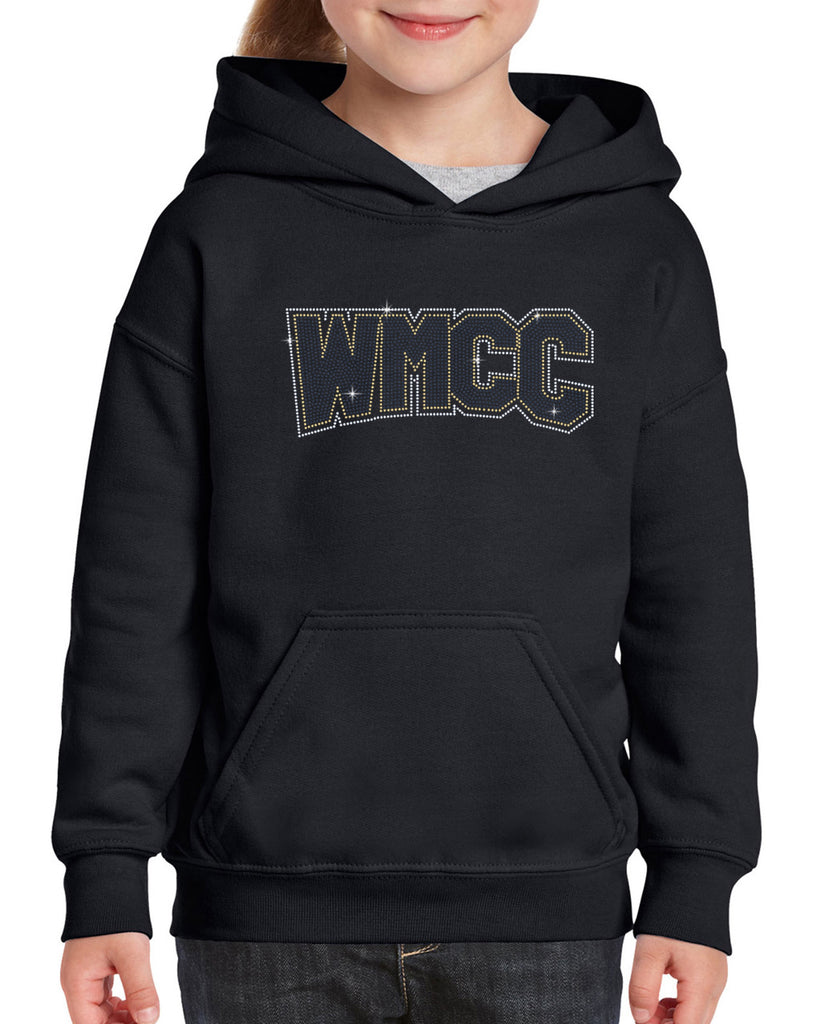 wmcc black hoodie w/ wmcc logo in 3 color spangle on front.