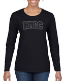 wmcc black long sleeve tee w/ wmcc logo in 3 color spangle on front.