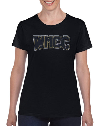 WMCC Black Ladies Sweat Pants w/ Gold & White Glitter Print Logo down Leg.